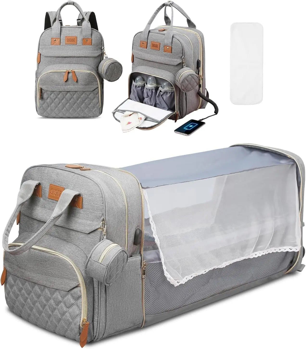Sac à langer 3 en 1, sac à dos pliable pour lit de bébé, sac de voyage étanche avec chargeur USB, sac à dos avec lit à langer, 3 types