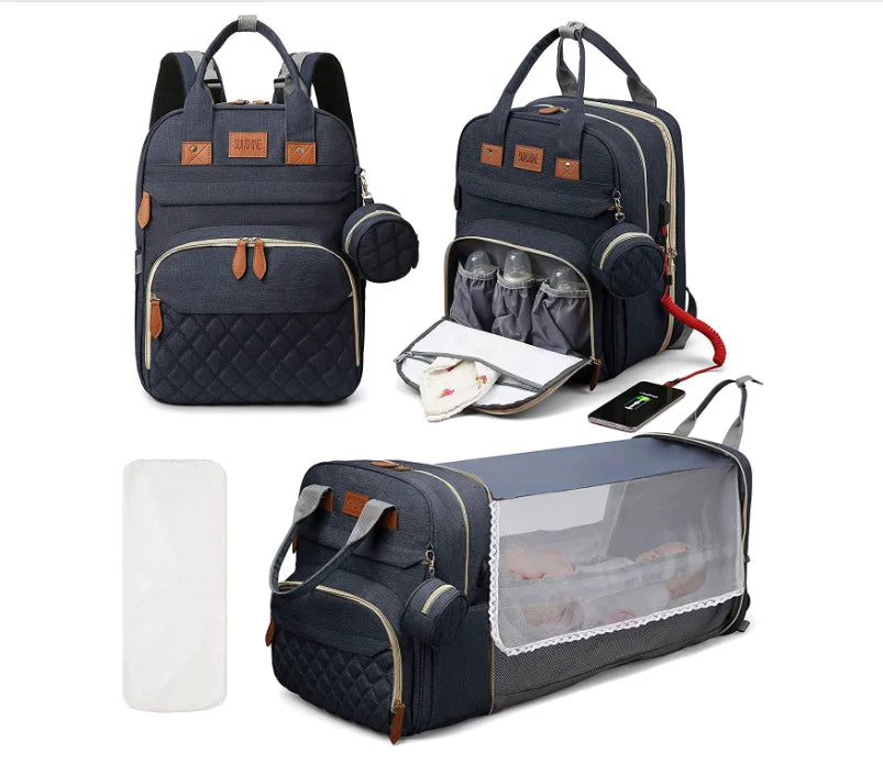 Sac à langer 3 en 1, sac à dos pliable pour lit de bébé, sac de voyage étanche avec chargeur USB, sac à dos avec lit à langer, 3 types