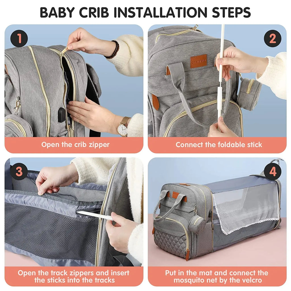 Sac à langer 3 en 1, sac à dos pliable pour lit de bébé, sac de voyage étanche avec chargeur USB, sac à dos avec lit à langer, 3 types
