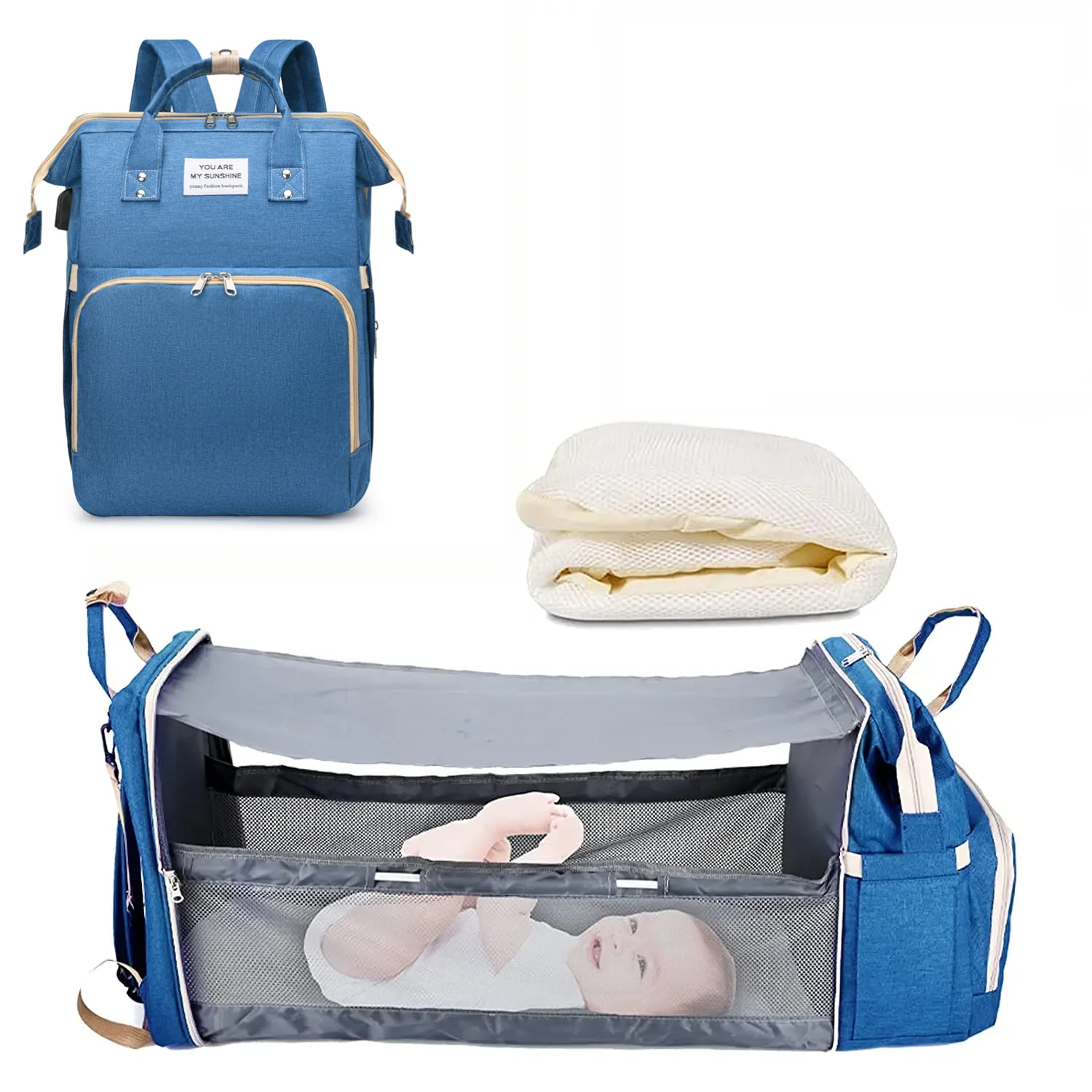 Sac à langer 3 en 1, sac à dos pliable pour lit de bébé, sac de voyage étanche avec chargeur USB, sac à dos avec lit à langer, 3 types