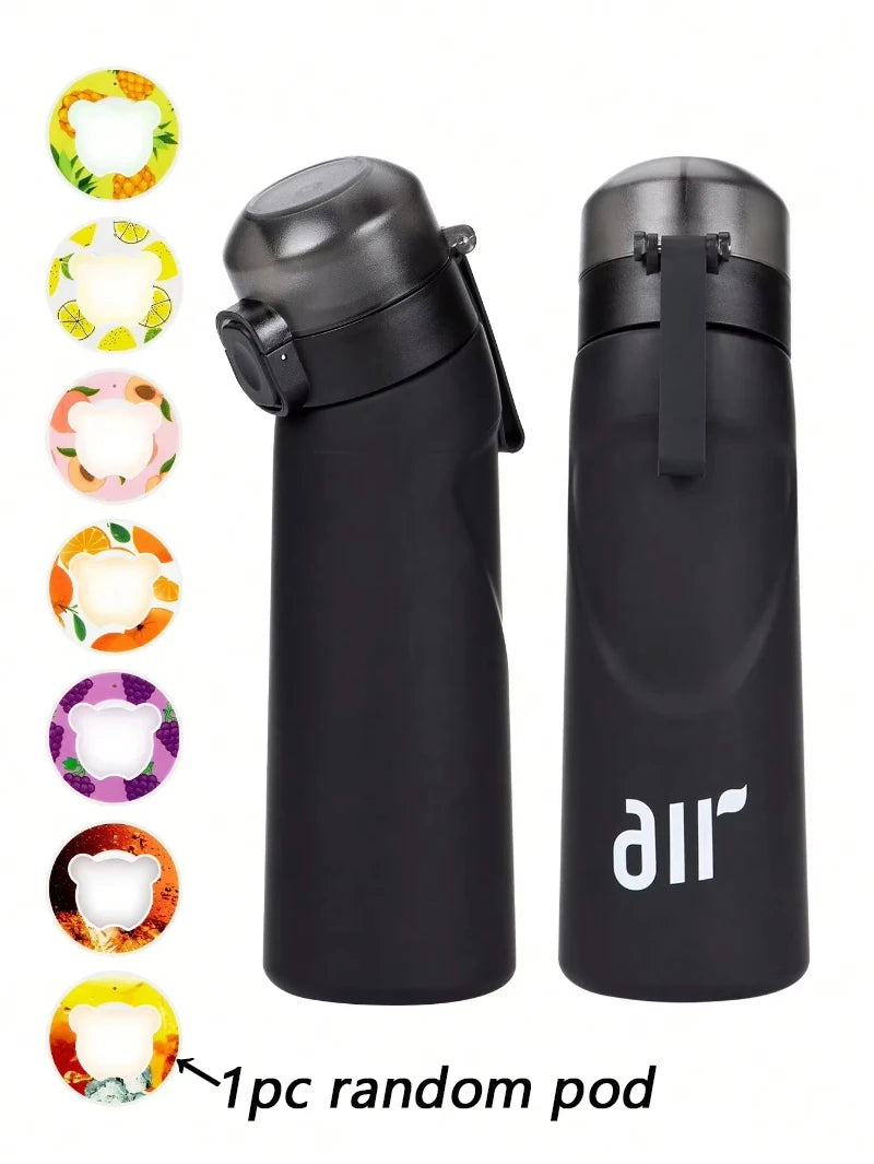 1 bouteille d'eau à air avec 1 dosette de saveur aléatoire portable transparente avec paille anti-fuite adaptée aux sports de plein air