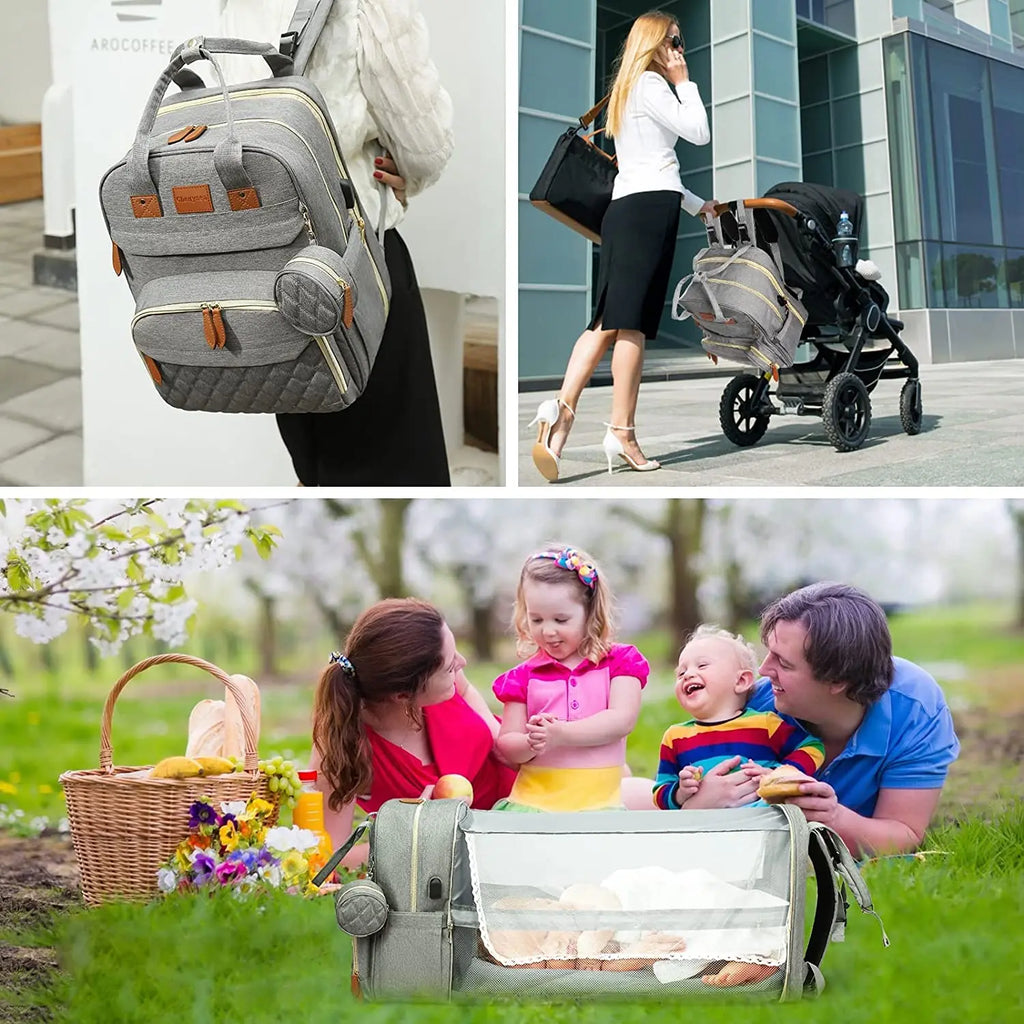 Sac à langer 3 en 1, sac à dos pliable pour lit de bébé, sac de voyage étanche avec chargeur USB, sac à dos avec lit à langer, 3 types