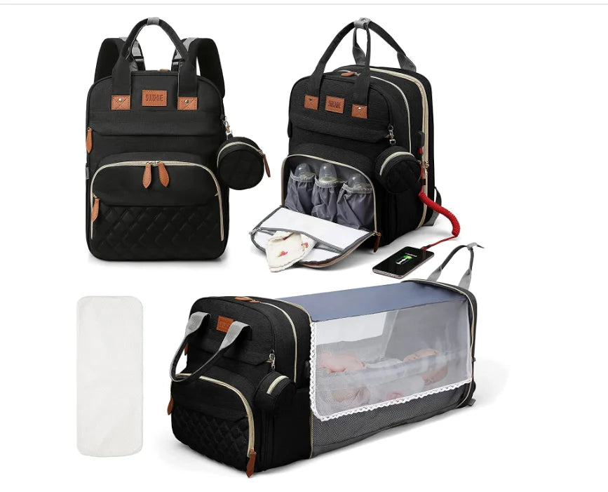 Sac à langer 3 en 1, sac à dos pliable pour lit de bébé, sac de voyage étanche avec chargeur USB, sac à dos avec lit à langer, 3 types