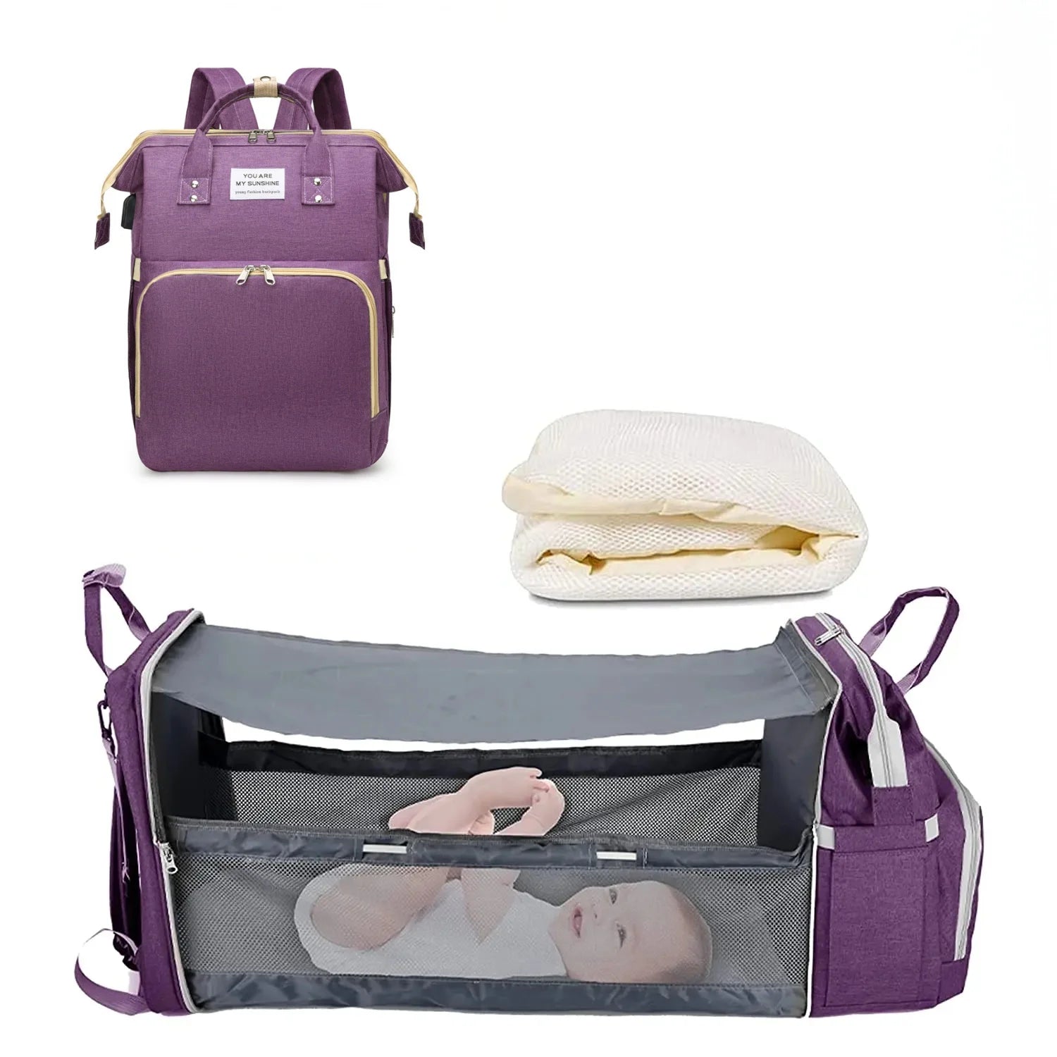 Sac à langer 3 en 1, sac à dos pliable pour lit de bébé, sac de voyage étanche avec chargeur USB, sac à dos avec lit à langer, 3 types