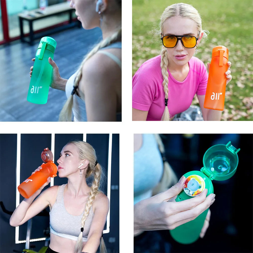 1 bouteille d'eau à air avec 1 dosette de saveur aléatoire portable transparente avec paille anti-fuite adaptée aux sports de plein air