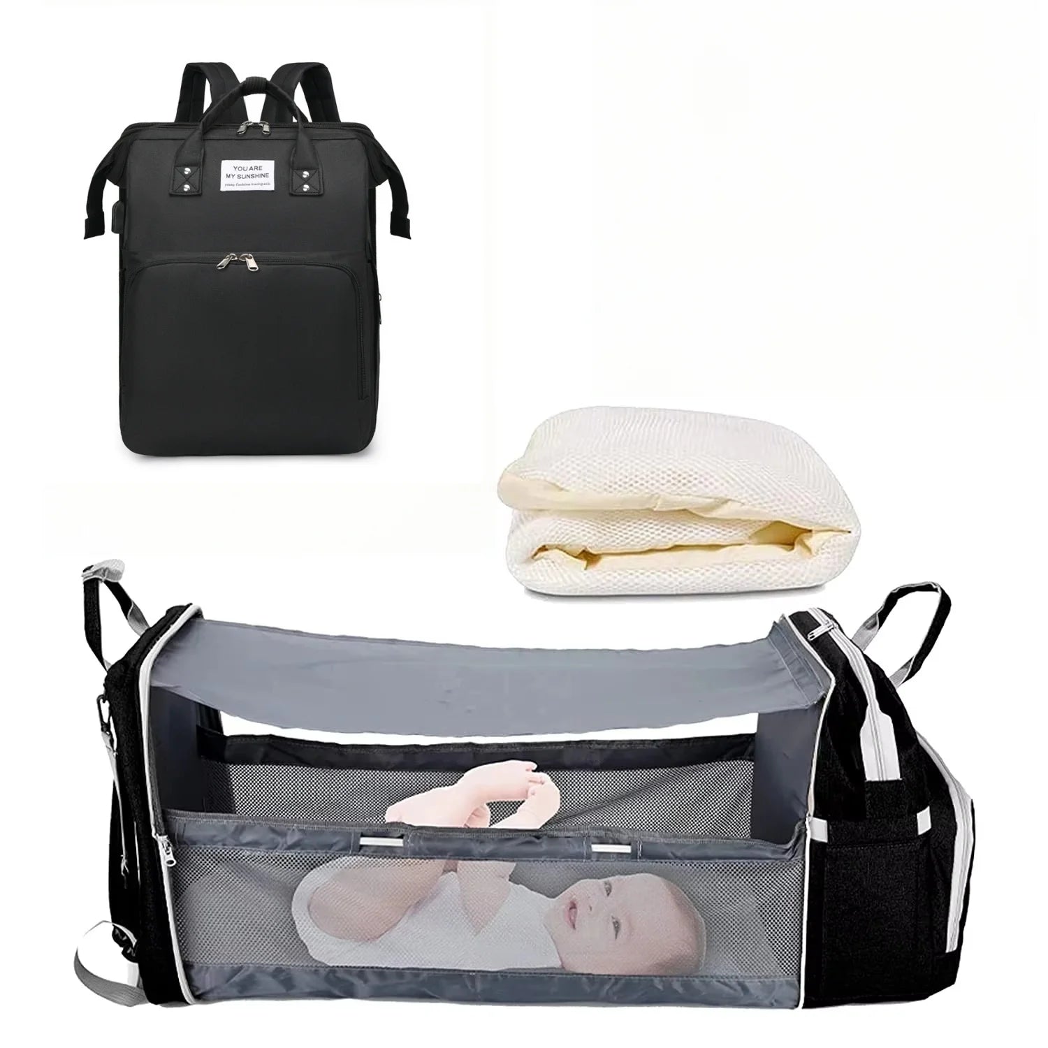 Sac à langer 3 en 1, sac à dos pliable pour lit de bébé, sac de voyage étanche avec chargeur USB, sac à dos avec lit à langer, 3 types