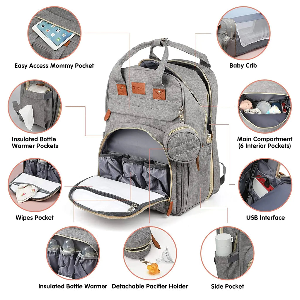 Sac à langer 3 en 1, sac à dos pliable pour lit de bébé, sac de voyage étanche avec chargeur USB, sac à dos avec lit à langer, 3 types